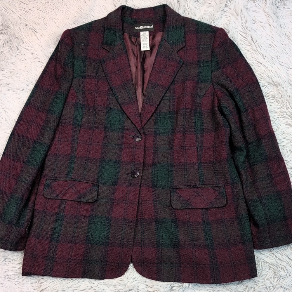 Vintage Sag Harbor Jacket Womens 16‎ Plaid Wool Blend Blazer Coat Preppy Soft